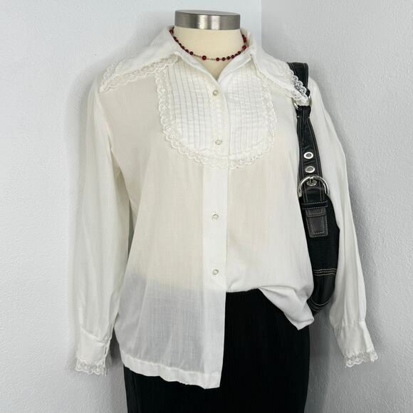 Vintage 70s 80s Sheer Performance Petter Pan Caller Lace Button Blouse - Picture 1 of 9